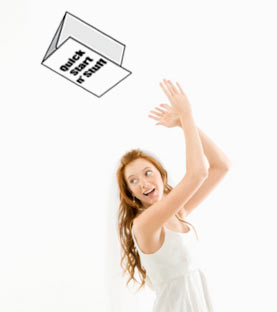 Woman tossing a quick start guide instead of a flower boquet