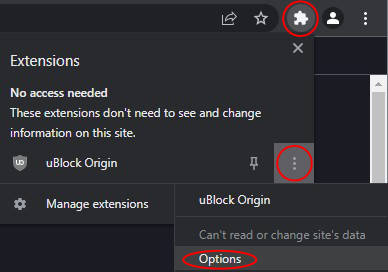 Image showing how to open the uBlock Origin extension settings in Chrome